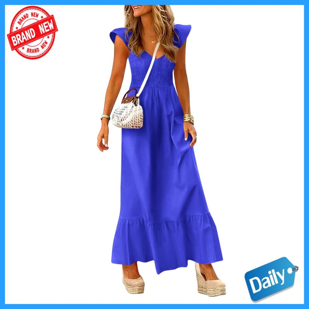 Summer Maxi Dress Cap Sleeve V Neck Smocked Long Pockets Casual Elegant